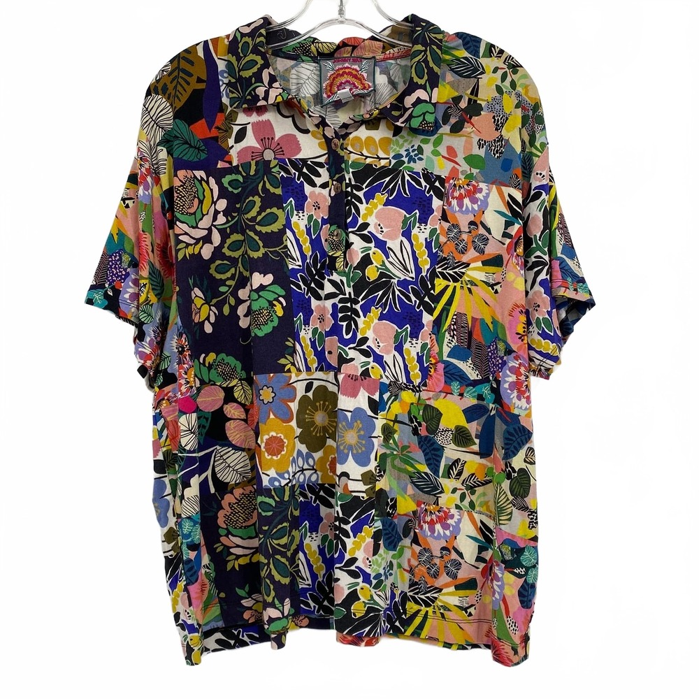 Johnny Was Navy and Multicolored Patchwork Floral Polo Blouse | Womens XL